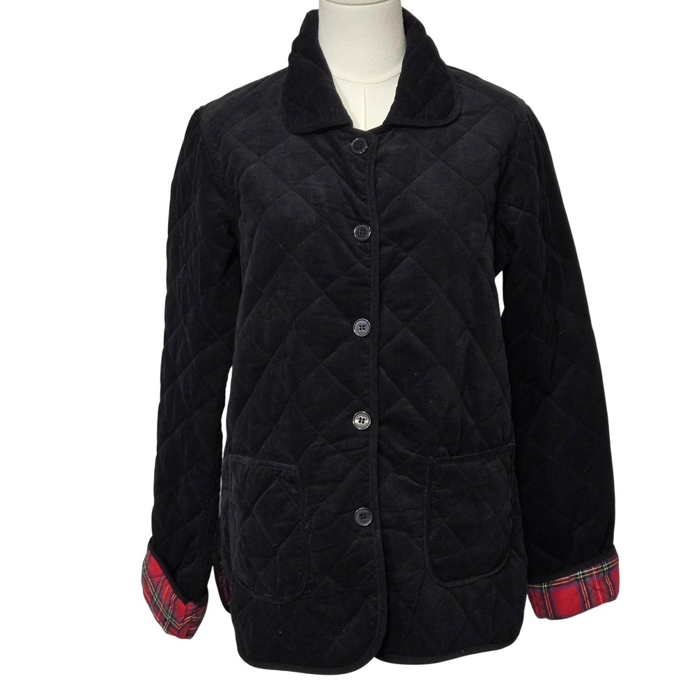 La Cera Jacket Womens Small Black Quilted Corduroy Plaid Lined‎ Button Pockets